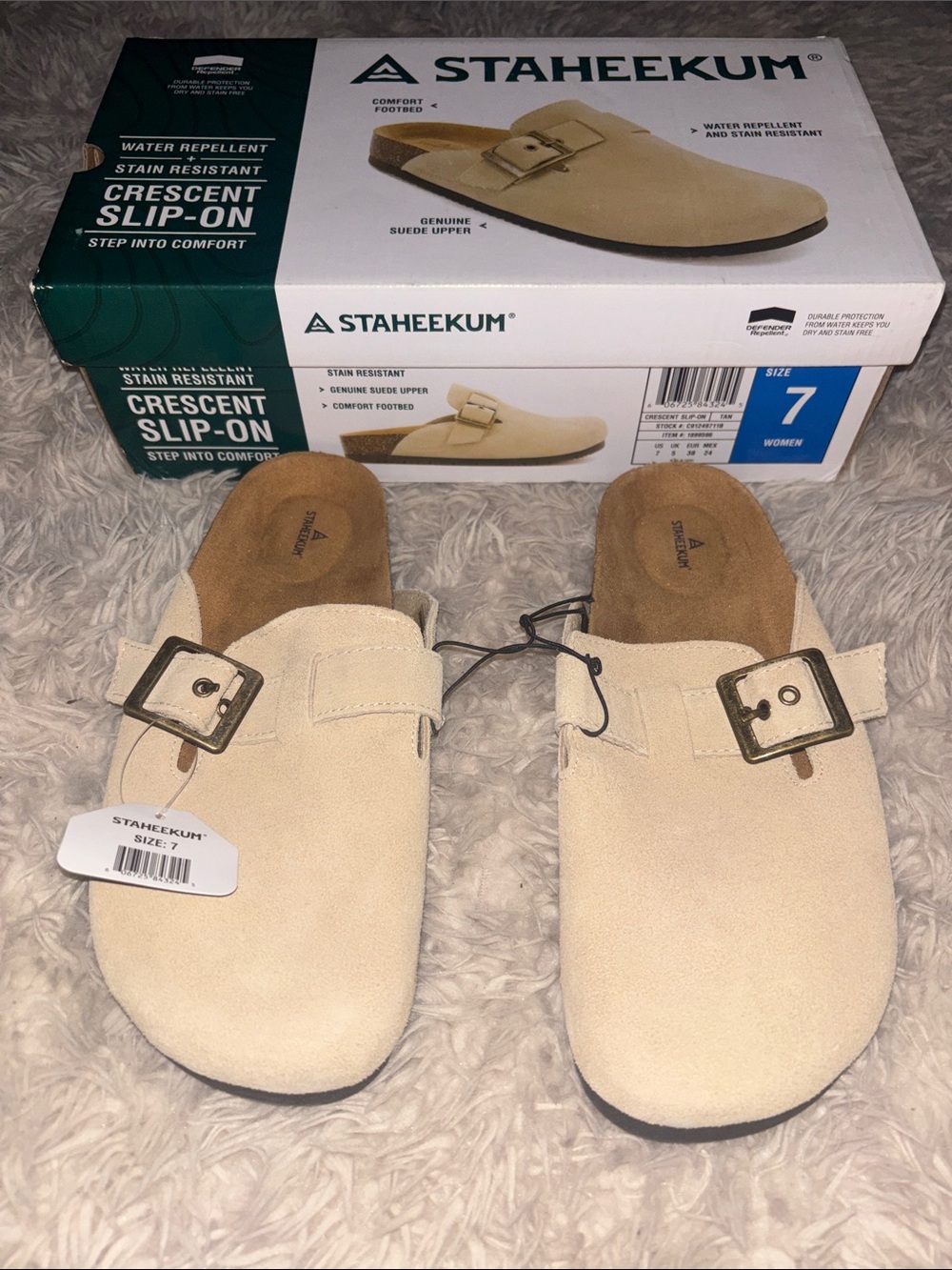 Staheekum Crescent Slip-On Suede Buckle Clog in Light Beige